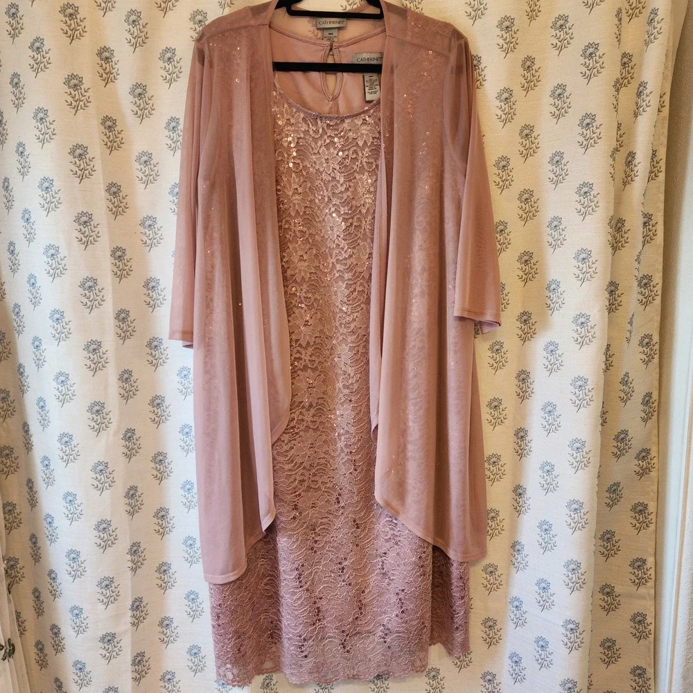 Catherines Womens 18W Dusty Rose Sequin Lace Dress and Jacket Set Plus Size